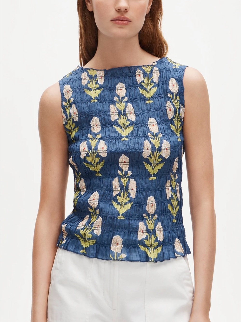 J. Crew Blue Floral Smocked Sleeveless Top